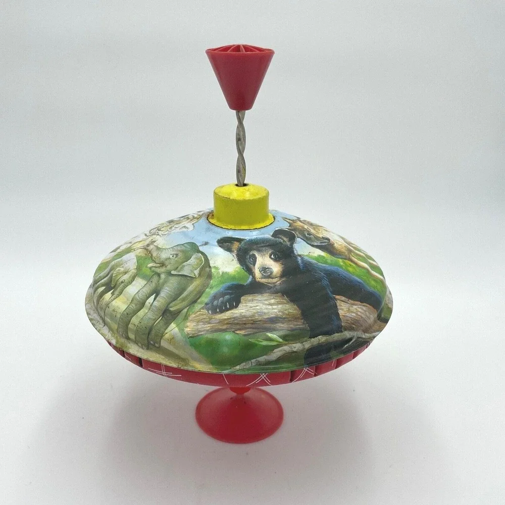 Vintage Animal Tin Metal Standing Spinning Top Toy Retro Decor Collectible